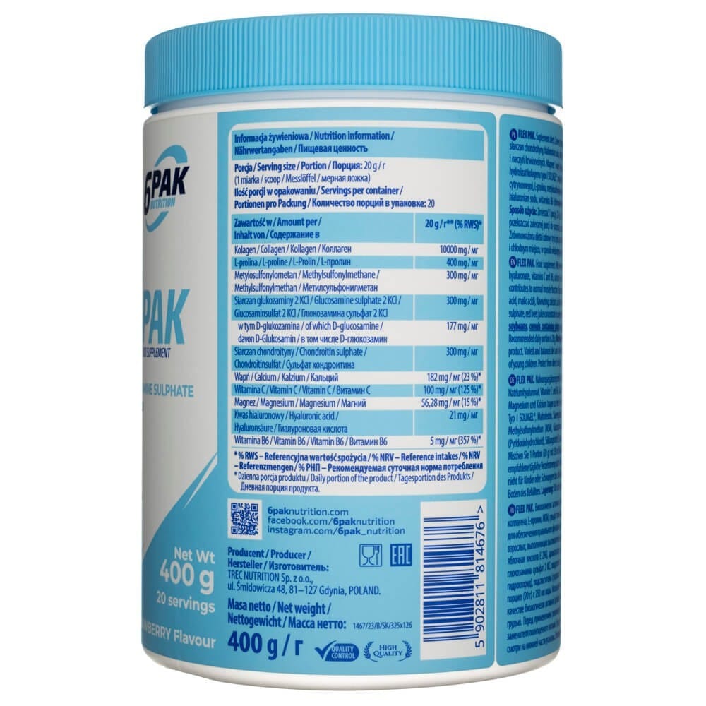 6PAK Flex Pak, Hydrolyzed Collagen + MSM + Glucosamine, Strawberry - 400 g