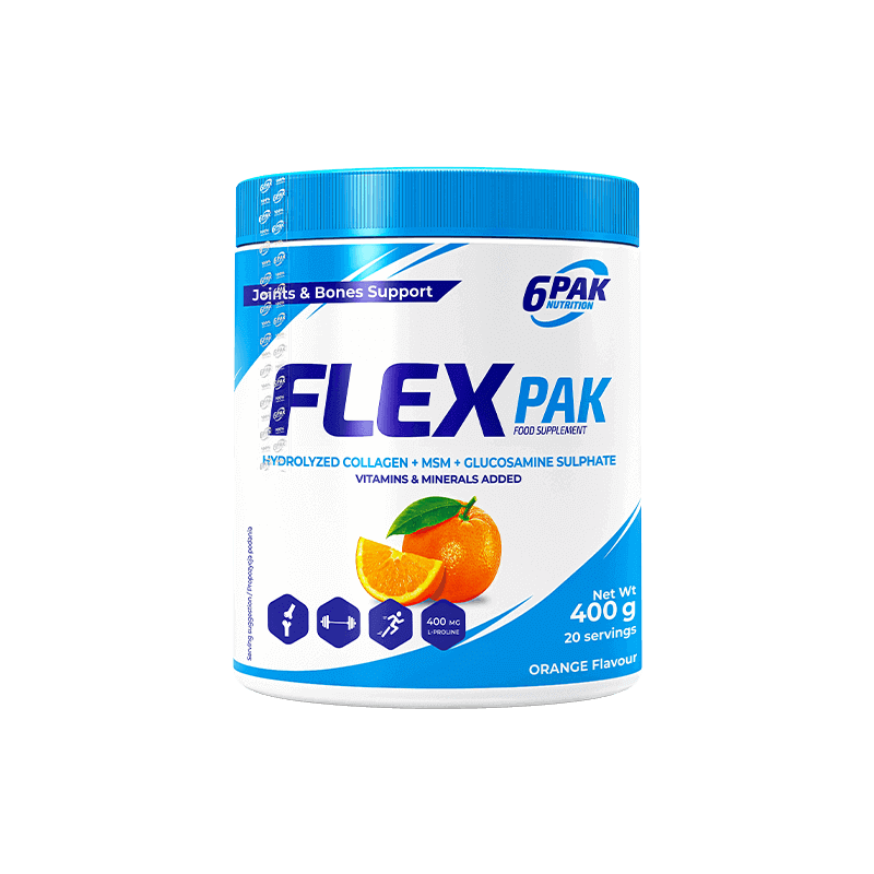 6PAK Flex Pak, Hydrolyzed Collagen + MSM + Glucosamine Sulphate, Orange Flavour - 400 g
