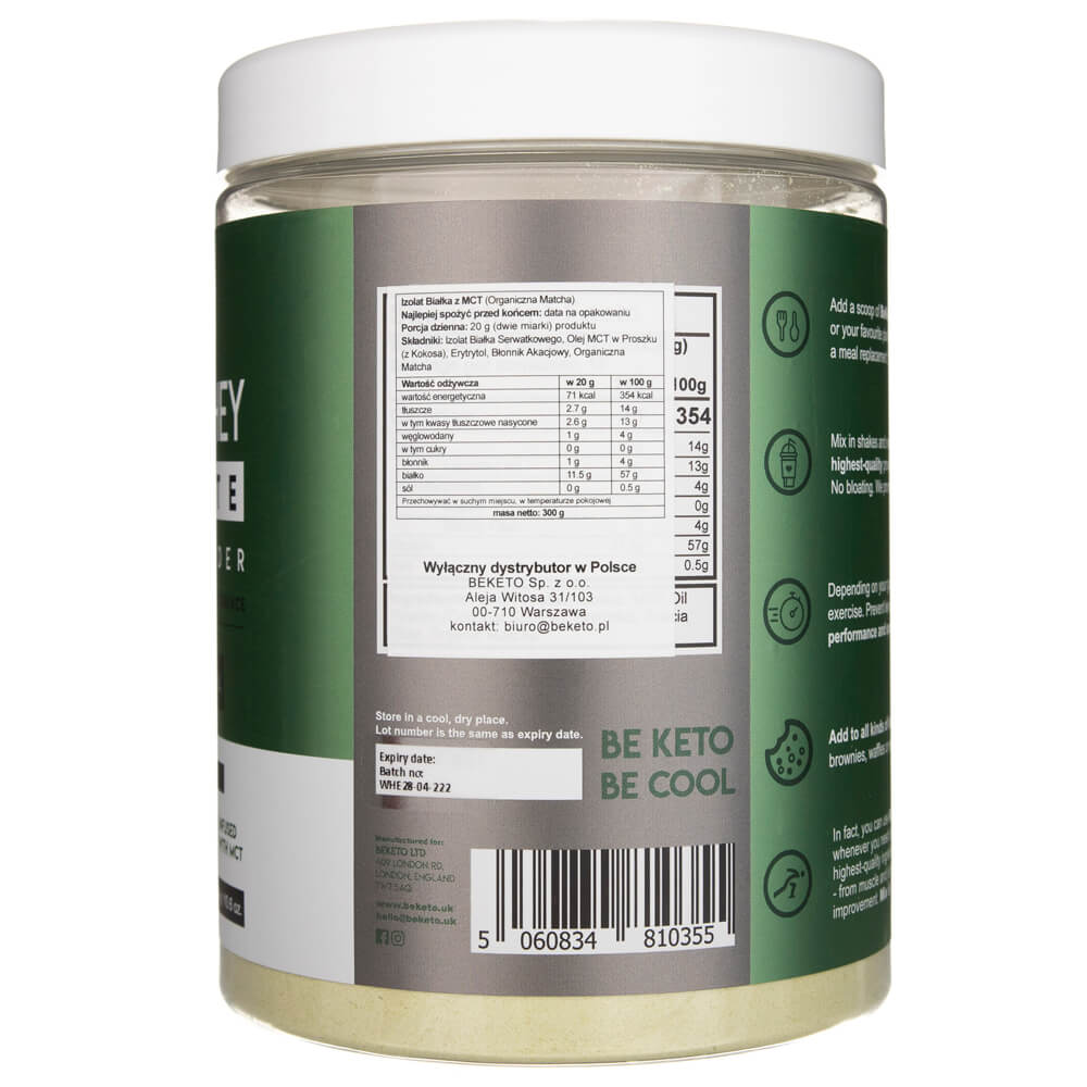 BeKeto Keto Whey Isolate MCT Powder, Organic Matcha - 300 g