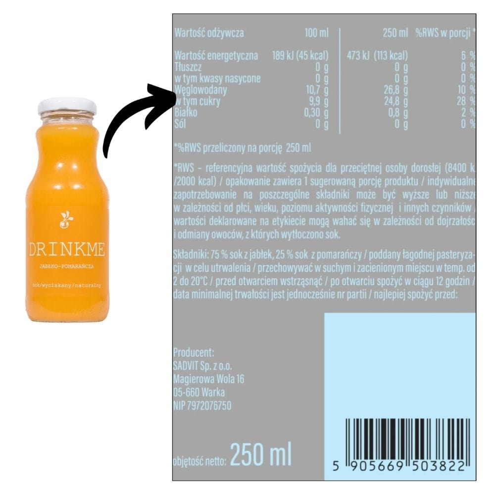 Sadvit DrinkMe Juice 100%, Apple-Orange - 250 ml